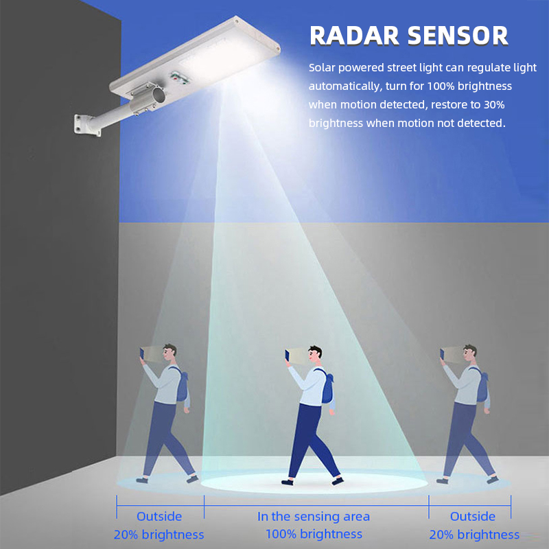 Motion Sensor Die Cast အလူမီနီယမ် 50w 100w 150w 200w 250w ပေါင်းစပ်နေရောင်ခြည်စွမ်းအင်သုံး လမ်းမီး